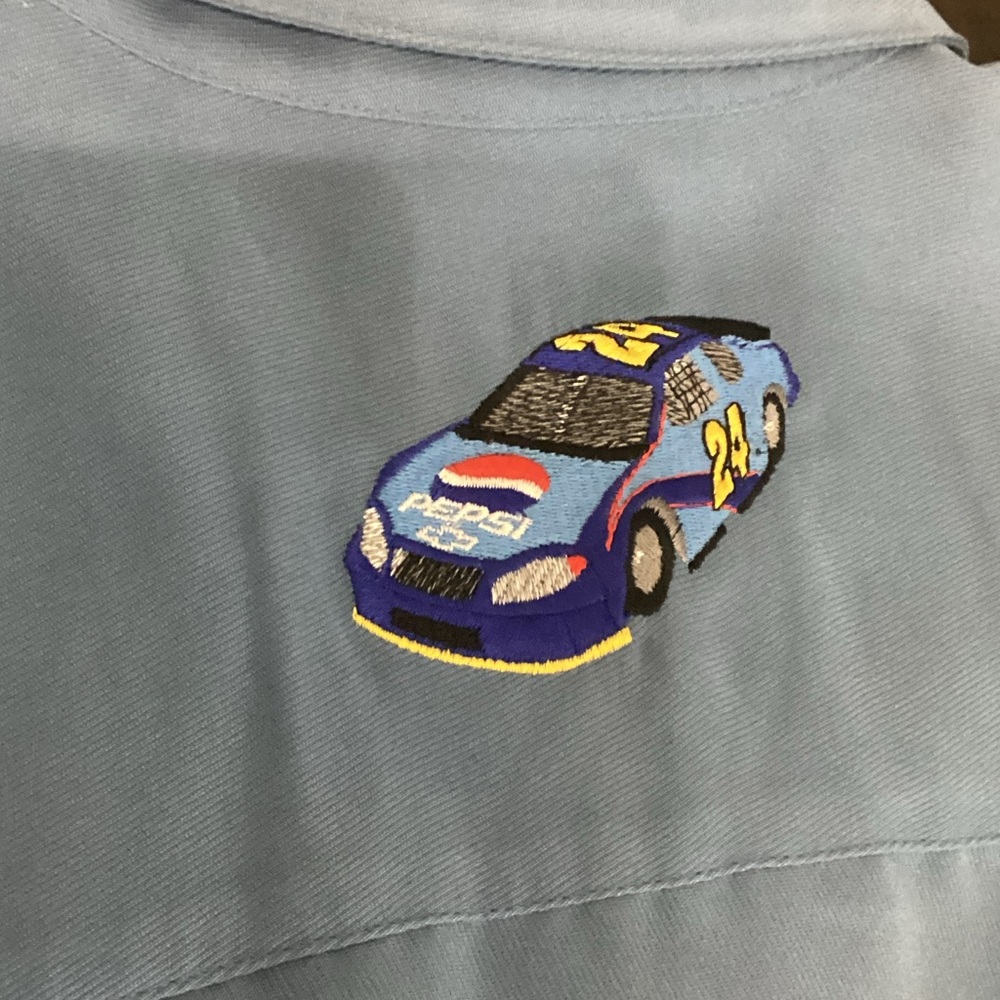 bill blass Light Blue Shirt with Embroidered Blue Race Car and Yellow Accents